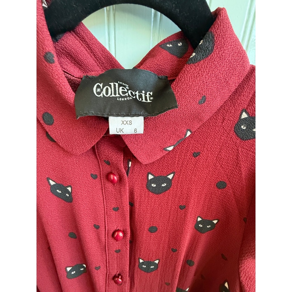 Burgundy Black Cat face swing fit and flare dress Collectif London Retro US 2 - Picture 3 of 7